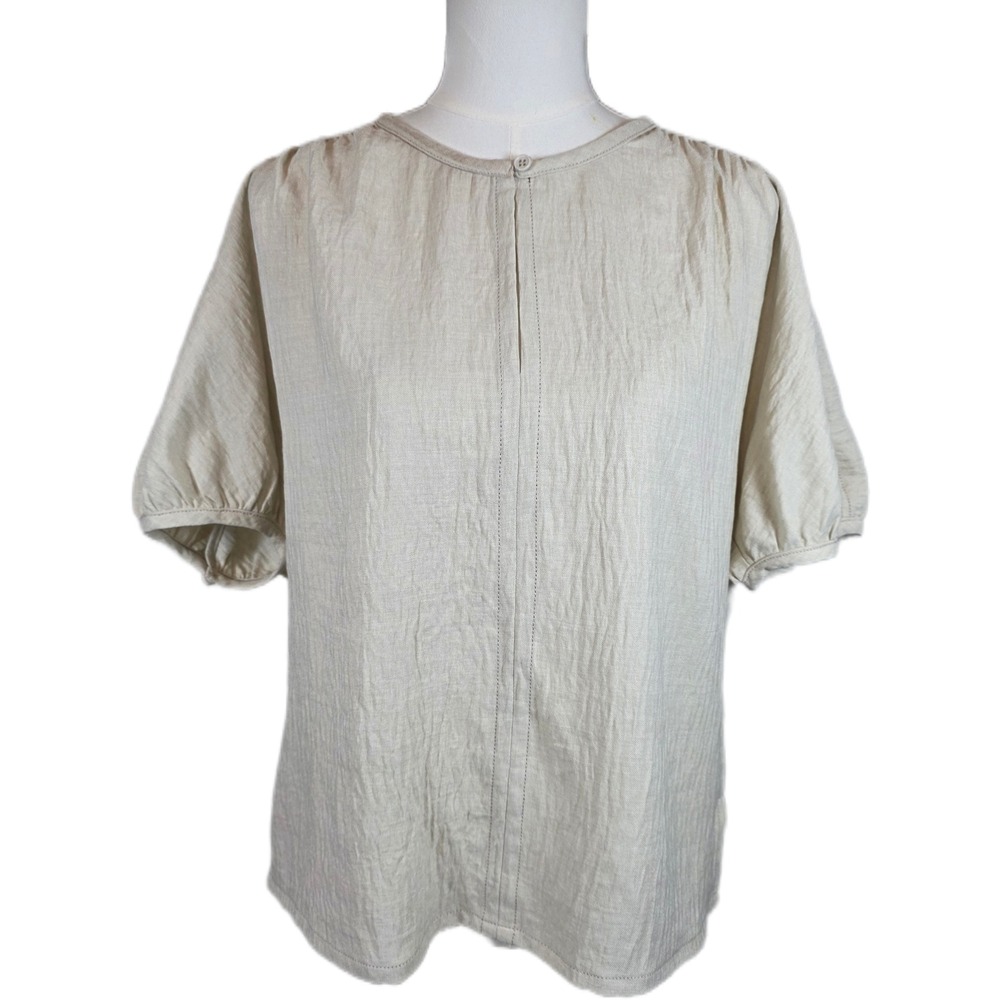 Max Studio London Beige Crinkle Short Sleeve Blouse w/Front Button Closure